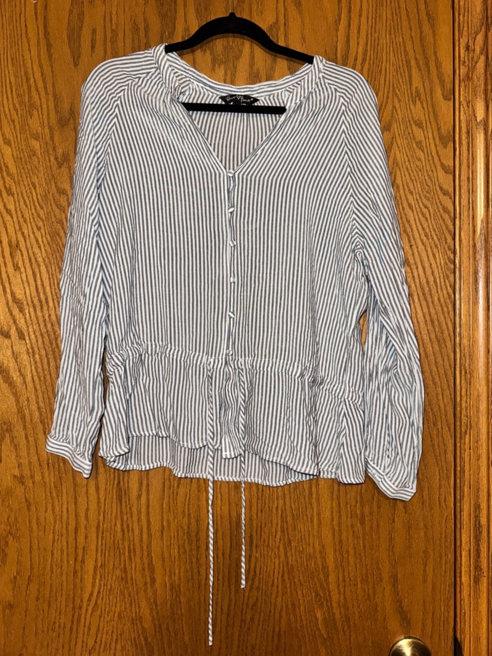 Velvet Heart Blue and‎ White Striped Button-Down Peplum Top